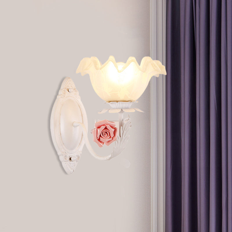 Opal Glass Flower Sconce Lamp American Garden 1 Bulb Living Room Wall Light in Light-Brown/White Clearhalo 'Wall Lamps & Sconces' 'Wall Lights' Lighting' 819728