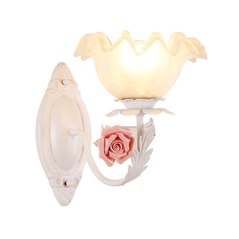 Opal Glass Flower Sconce Lamp American Garden 1 Bulb Living Room Wall Light in Light-Brown/White Clearhalo 'Wall Lamps & Sconces' 'Wall Lights' Lighting' 819729