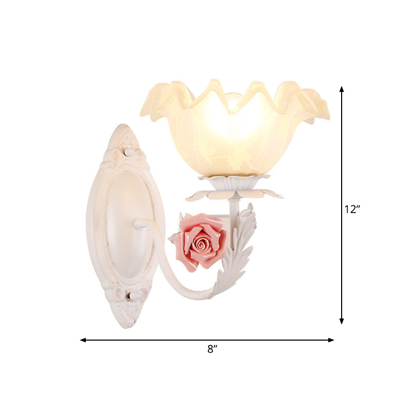 Opal Glass Flower Sconce Lamp American Garden 1 Bulb Living Room Wall Light in Light-Brown/White Clearhalo 'Wall Lamps & Sconces' 'Wall Lights' Lighting' 819730