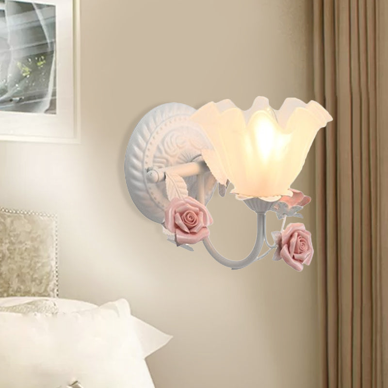 Blossom Bedside Wall Lighting Ideas Pastoral Matte Glass 1-Light Blue/Pink Sconce Light Fixture Pink Clearhalo 'Wall Lamps & Sconces' 'Wall Lights' Lighting' 819731