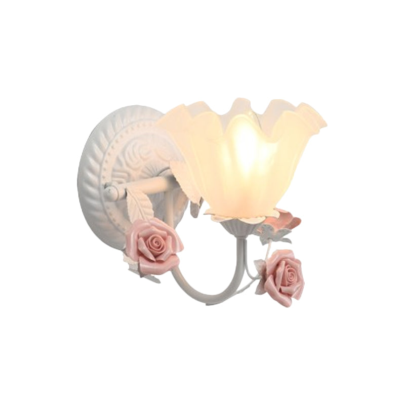 Blossom Bedside Wall Lighting Ideas Pastoral Matte Glass 1-Light Blue/Pink Sconce Light Fixture Clearhalo 'Wall Lamps & Sconces' 'Wall Lights' Lighting' 819732