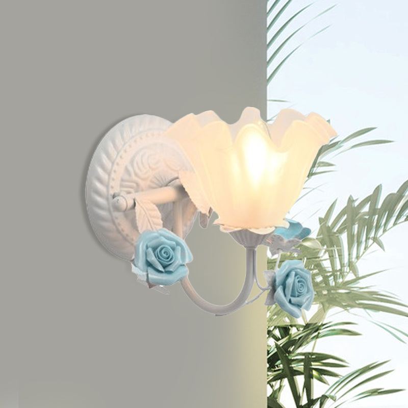 Blossom Bedside Wall Lighting Ideas Pastoral Matte Glass 1-Light Blue/Pink Sconce Light Fixture Blue Clearhalo 'Wall Lamps & Sconces' 'Wall Lights' Lighting' 819735