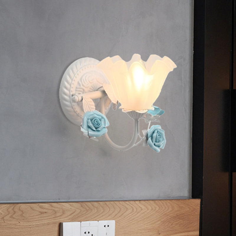 Blossom Bedside Wall Lighting Ideas Pastoral Matte Glass 1-Light Blue/Pink Sconce Light Fixture Clearhalo 'Wall Lamps & Sconces' 'Wall Lights' Lighting' 819736