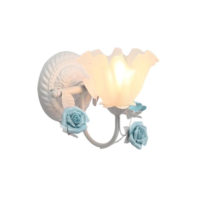 Blossom Bedside Wall Lighting Ideas Pastoral Matte Glass 1-Light Blue/Pink Sconce Light Fixture Clearhalo 'Wall Lamps & Sconces' 'Wall Lights' Lighting' 819737