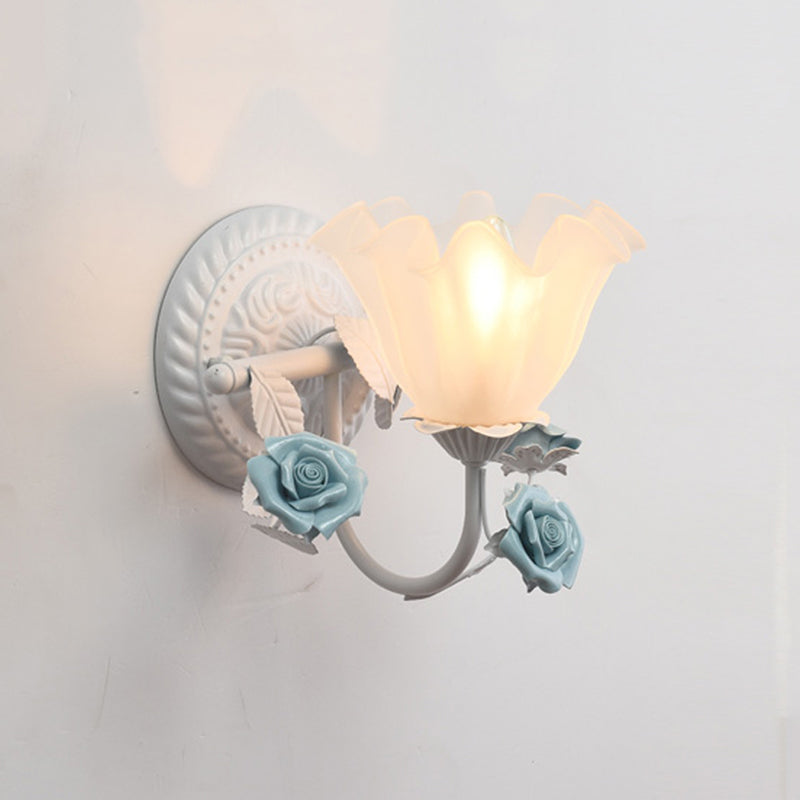 Blossom Bedside Wall Lighting Ideas Pastoral Matte Glass 1-Light Blue/Pink Sconce Light Fixture Clearhalo 'Wall Lamps & Sconces' 'Wall Lights' Lighting' 819738