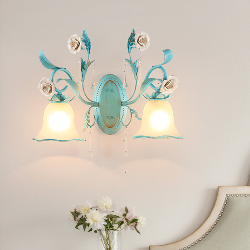 Milk Glass Blue Wall Mount Lamp Bell Shade 1/2-Head Romantic Pastoral Sconce Lighting 2.0 Blue Clearhalo 'Wall Lamps & Sconces' 'Wall Lights' Lighting' 819739