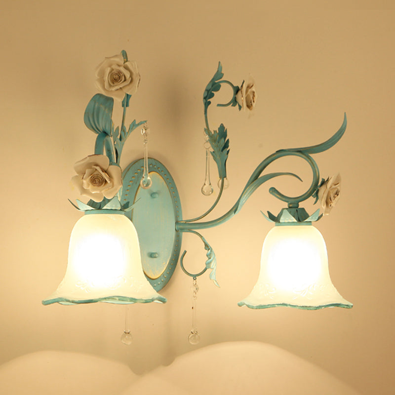 Milk Glass Blue Wall Mount Lamp Bell Shade 1/2-Head Romantic Pastoral Sconce Lighting Clearhalo 'Wall Lamps & Sconces' 'Wall Lights' Lighting' 819741