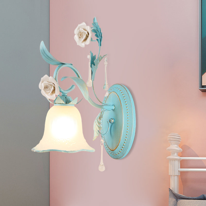 Milk Glass Blue Wall Mount Lamp Bell Shade 1/2-Head Romantic Pastoral Sconce Lighting Clearhalo 'Wall Lamps & Sconces' 'Wall Lights' Lighting' 819744