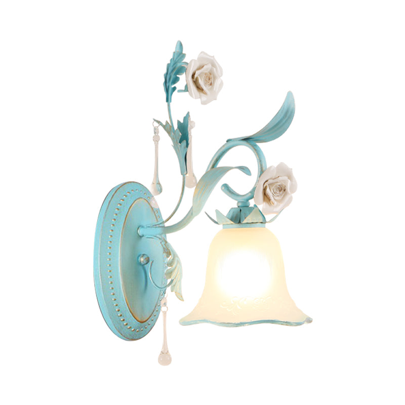 Milk Glass Blue Wall Mount Lamp Bell Shade 1/2-Head Romantic Pastoral Sconce Lighting Clearhalo 'Wall Lamps & Sconces' 'Wall Lights' Lighting' 819745