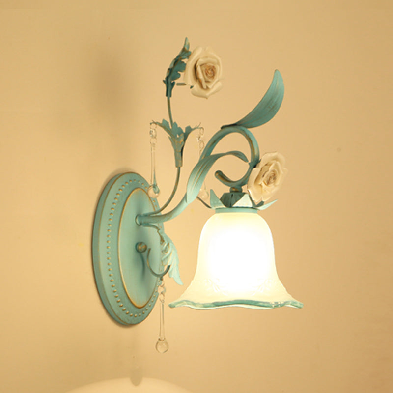 Milk Glass Blue Wall Mount Lamp Bell Shade 1/2-Head Romantic Pastoral Sconce Lighting Clearhalo 'Wall Lamps & Sconces' 'Wall Lights' Lighting' 819746