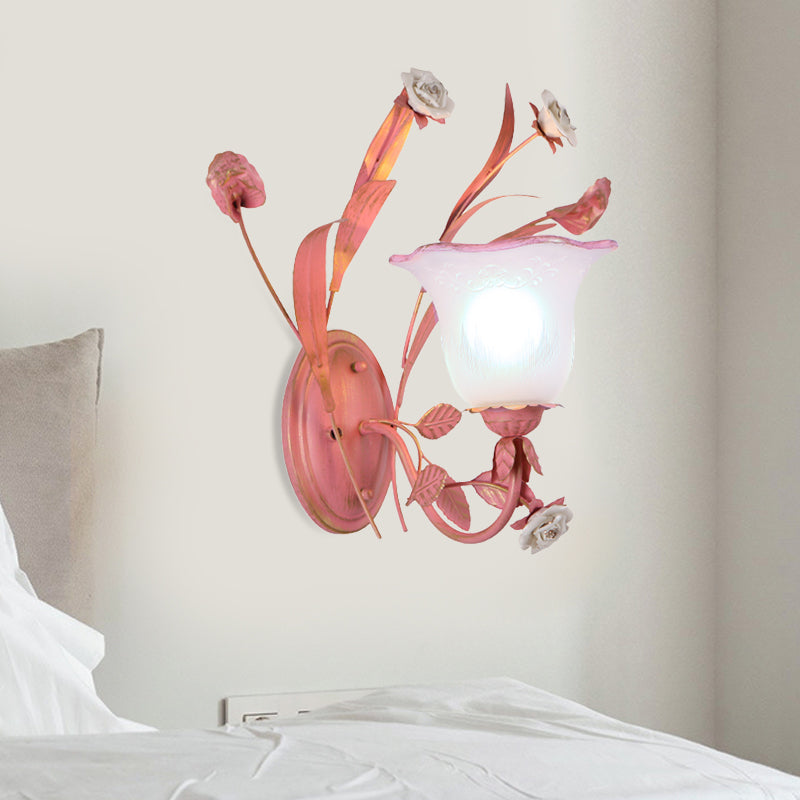 Pink 1/2-Light Wall Sconce Countryside Frosted Glass Bellflower Wall Lamp with Crystal Accent, Upward/Downward 1.0 Pink Up Clearhalo 'Wall Lamps & Sconces' 'Wall Lights' Lighting' 819764