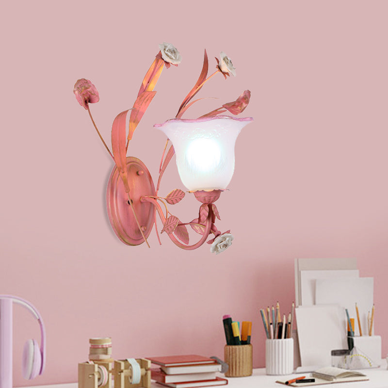 Pink 1/2-Light Wall Sconce Countryside Frosted Glass Bellflower Wall Lamp with Crystal Accent, Upward/Downward Clearhalo 'Wall Lamps & Sconces' 'Wall Lights' Lighting' 819765