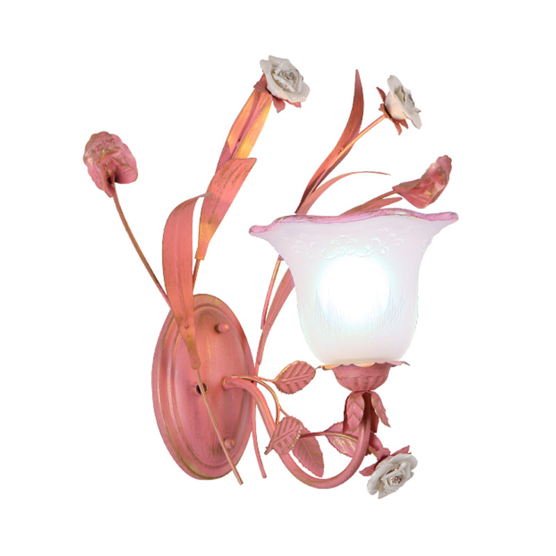 Pink 1/2-Light Wall Sconce Countryside Frosted Glass Bellflower Wall Lamp with Crystal Accent, Upward/Downward Clearhalo 'Wall Lamps & Sconces' 'Wall Lights' Lighting' 819766