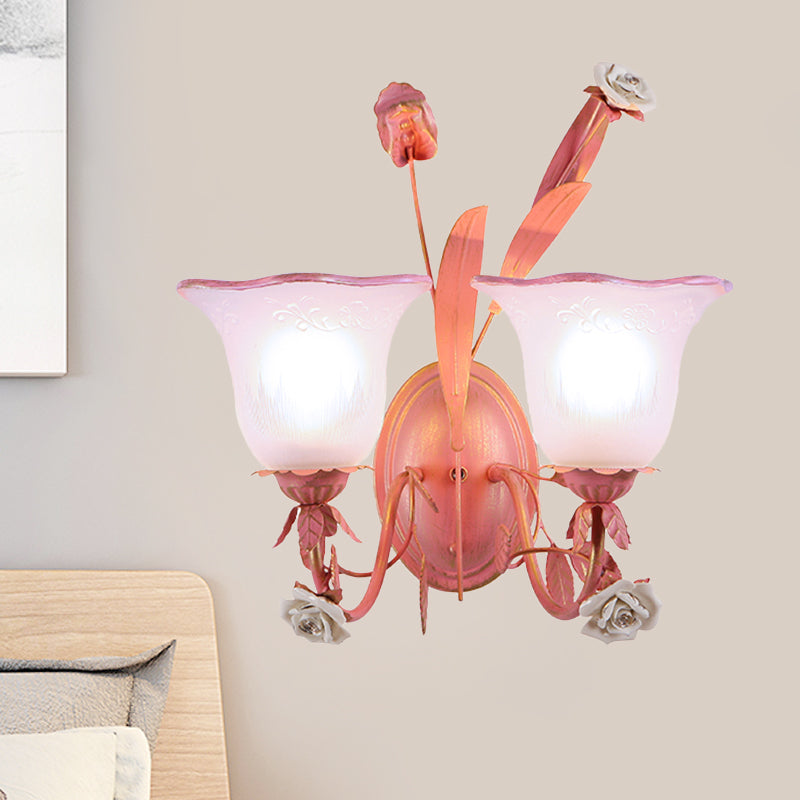 Pink 1/2-Light Wall Sconce Countryside Frosted Glass Bellflower Wall Lamp with Crystal Accent, Upward/Downward 2.0 Pink Up Clearhalo 'Wall Lamps & Sconces' 'Wall Lights' Lighting' 819768