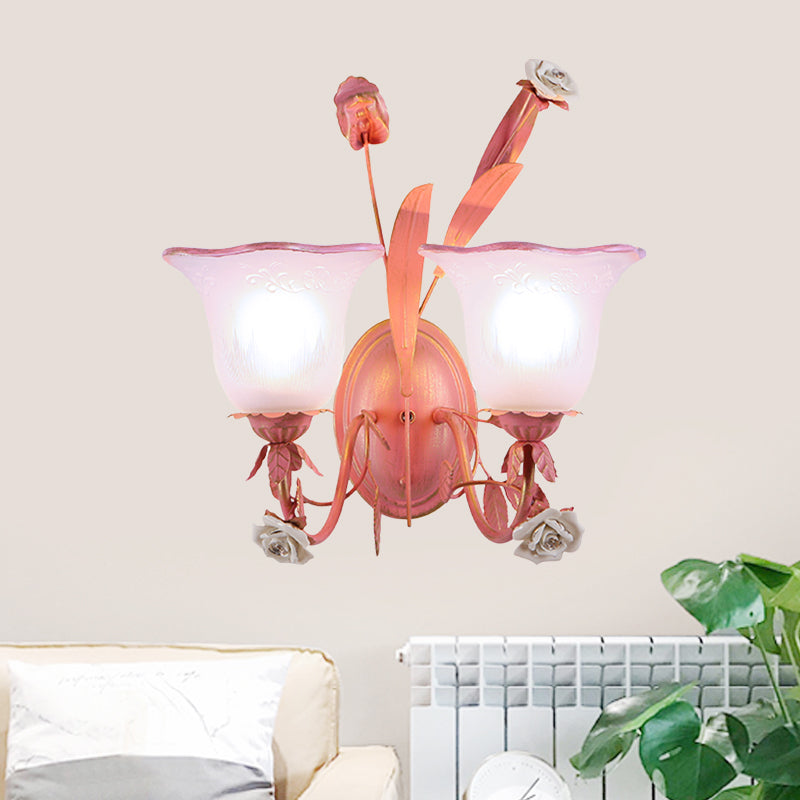 Pink 1/2-Light Wall Sconce Countryside Frosted Glass Bellflower Wall Lamp with Crystal Accent, Upward/Downward Clearhalo 'Wall Lamps & Sconces' 'Wall Lights' Lighting' 819769