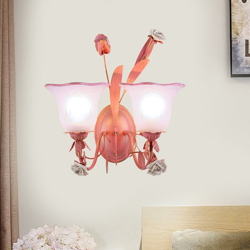 Pink 1/2-Light Wall Sconce Countryside Frosted Glass Bellflower Wall Lamp with Crystal Accent, Upward/Downward Clearhalo 'Wall Lamps & Sconces' 'Wall Lights' Lighting' 819770