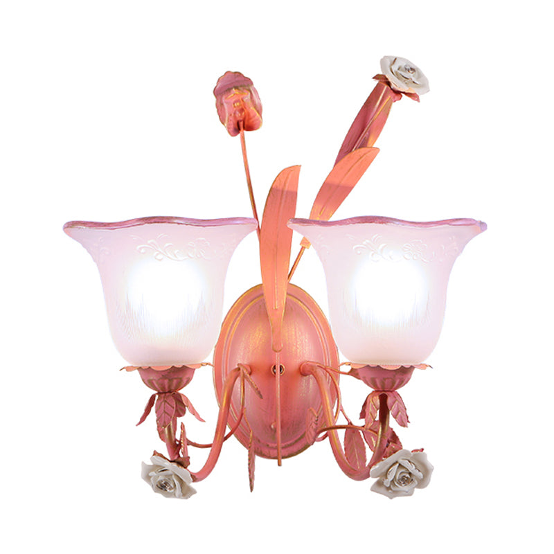 Pink 1/2-Light Wall Sconce Countryside Frosted Glass Bellflower Wall Lamp with Crystal Accent, Upward/Downward Clearhalo 'Wall Lamps & Sconces' 'Wall Lights' Lighting' 819771