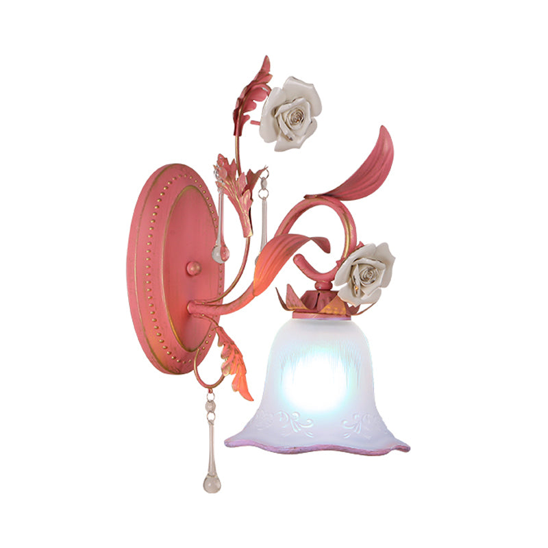 Pink 1/2-Light Wall Sconce Countryside Frosted Glass Bellflower Wall Lamp with Crystal Accent, Upward/Downward Clearhalo 'Wall Lamps & Sconces' 'Wall Lights' Lighting' 819776