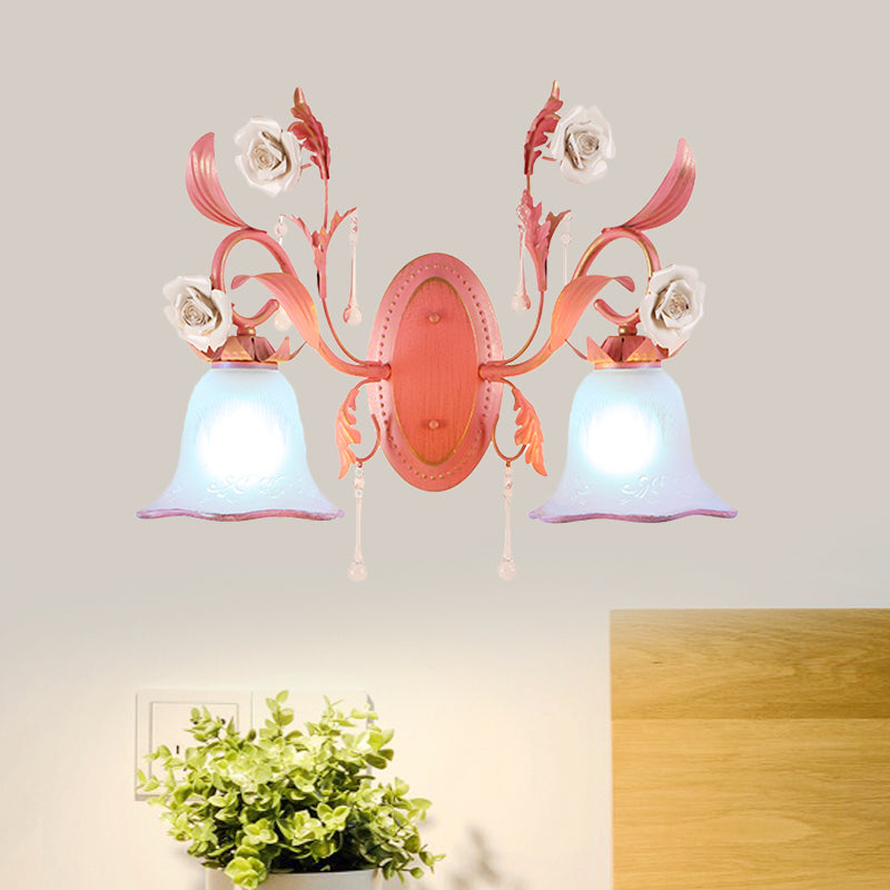 Pink 1/2-Light Wall Sconce Countryside Frosted Glass Bellflower Wall Lamp with Crystal Accent, Upward/Downward Clearhalo 'Wall Lamps & Sconces' 'Wall Lights' Lighting' 819779