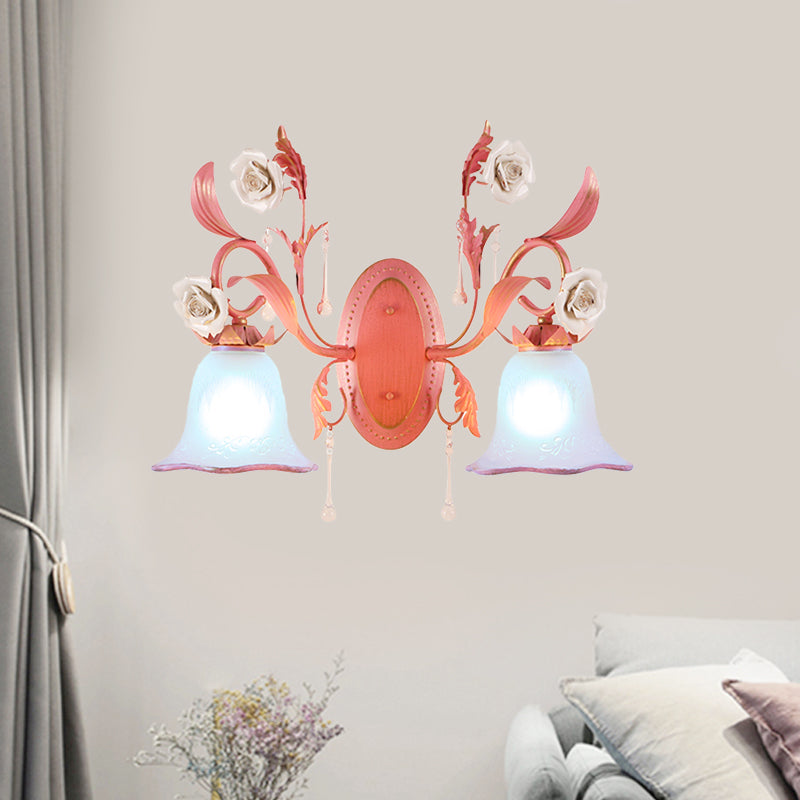 Pink 1/2-Light Wall Sconce Countryside Frosted Glass Bellflower Wall Lamp with Crystal Accent, Upward/Downward Clearhalo 'Wall Lamps & Sconces' 'Wall Lights' Lighting' 819780