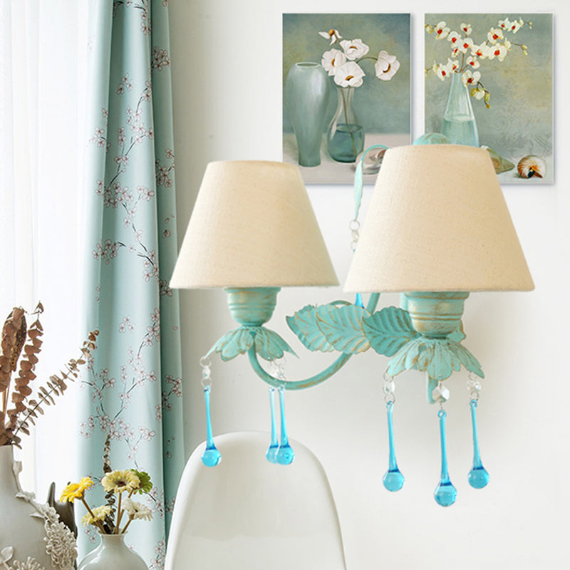 Conical Fabric Wall Mounted Light American Garden 2 Heads Dining Room Sconce Lamp with Droplet in Blue Clearhalo 'Wall Lamps & Sconces' 'Wall Lights' Lighting' 819805