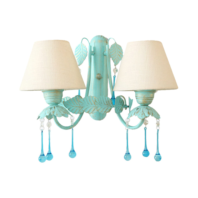 Conical Fabric Wall Mounted Light American Garden 2 Heads Dining Room Sconce Lamp with Droplet in Blue Clearhalo 'Wall Lamps & Sconces' 'Wall Lights' Lighting' 819806