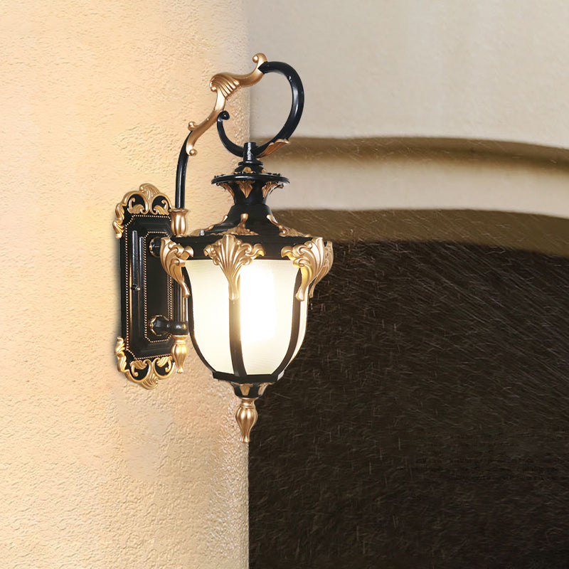 Black and Gold 1-Bulb Sconce Rural Frosted White Glass Urn-Shaped Wall Mounted Lamp Black-Gold Clearhalo 'Wall Lamps & Sconces' 'Wall Lights' Lighting' 819832