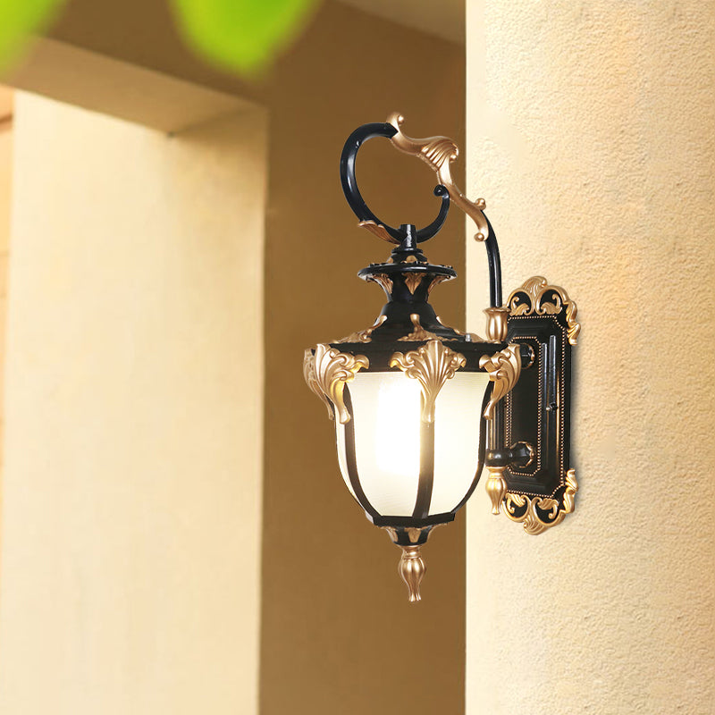 Black and Gold 1-Bulb Sconce Rural Frosted White Glass Urn-Shaped Wall Mounted Lamp Clearhalo 'Wall Lamps & Sconces' 'Wall Lights' Lighting' 819833