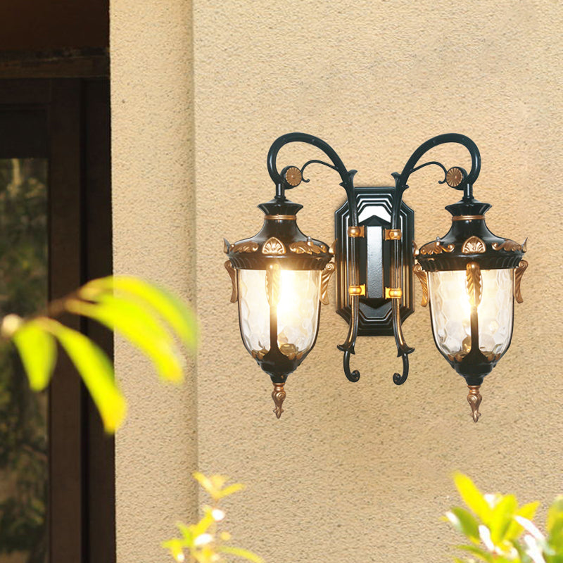 2-Bulb Clear Glass Wall Light Countryside Black and Gold/Copper Urn Courtyard Wall Sconce Lighting Black-Gold Clearhalo 'Wall Lamps & Sconces' 'Wall Lights' Lighting' 819840