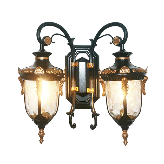 2-Bulb Clear Glass Wall Light Countryside Black and Gold/Copper Urn Courtyard Wall Sconce Lighting Clearhalo 'Wall Lamps & Sconces' 'Wall Lights' Lighting' 819841