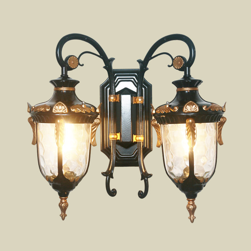 2-Bulb Clear Glass Wall Light Countryside Black and Gold/Copper Urn Courtyard Wall Sconce Lighting Clearhalo 'Wall Lamps & Sconces' 'Wall Lights' Lighting' 819842