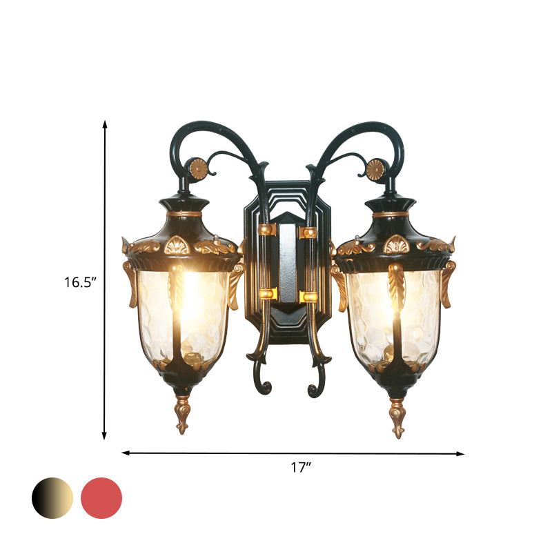 2-Bulb Clear Glass Wall Light Countryside Black and Gold/Copper Urn Courtyard Wall Sconce Lighting Clearhalo 'Wall Lamps & Sconces' 'Wall Lights' Lighting' 819843