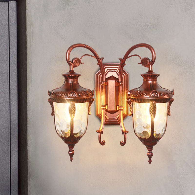 2-Bulb Clear Glass Wall Light Countryside Black and Gold/Copper Urn Courtyard Wall Sconce Lighting Copper Clearhalo 'Wall Lamps & Sconces' 'Wall Lights' Lighting' 819844