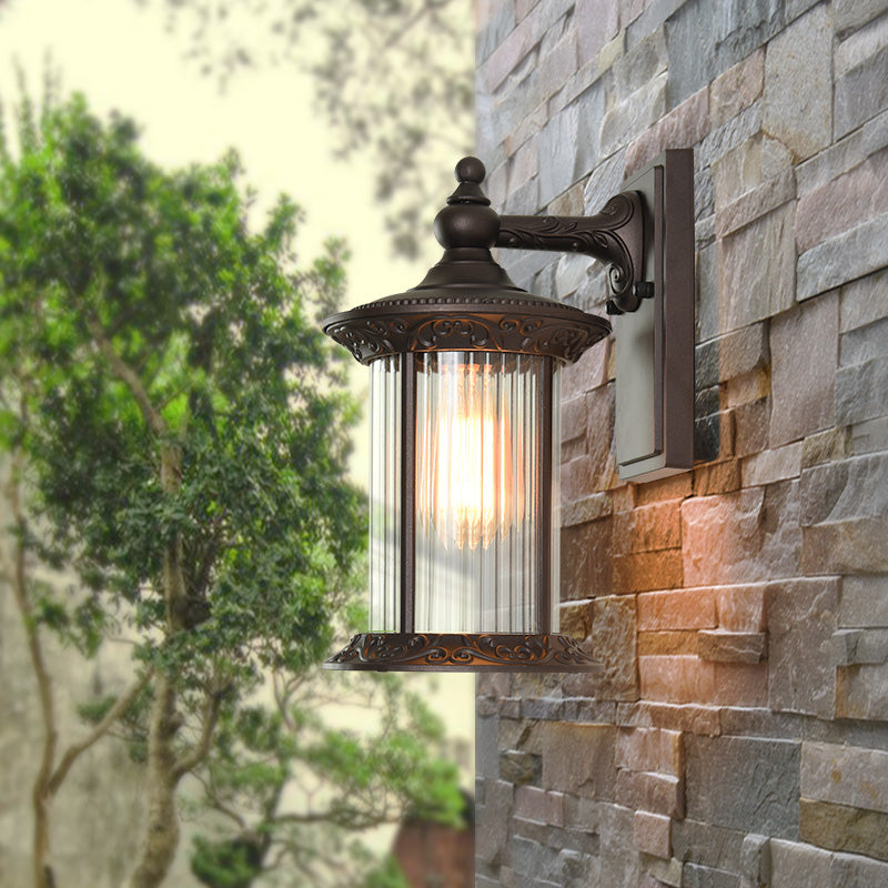 Lantern Courtyard Wall Sconce Light Countryside Clear Prismatic Glass 1 Light Coffee Wall Lamp Coffee Clearhalo 'Wall Lamps & Sconces' 'Wall Lights' Lighting' 819852