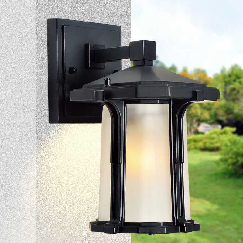 Tan/White Glass Lantern Sconce Retro Style Single Head Outdoor Wall Mounted Light Fixture White Clearhalo 'Wall Lamps & Sconces' 'Wall Lights' Lighting' 819864