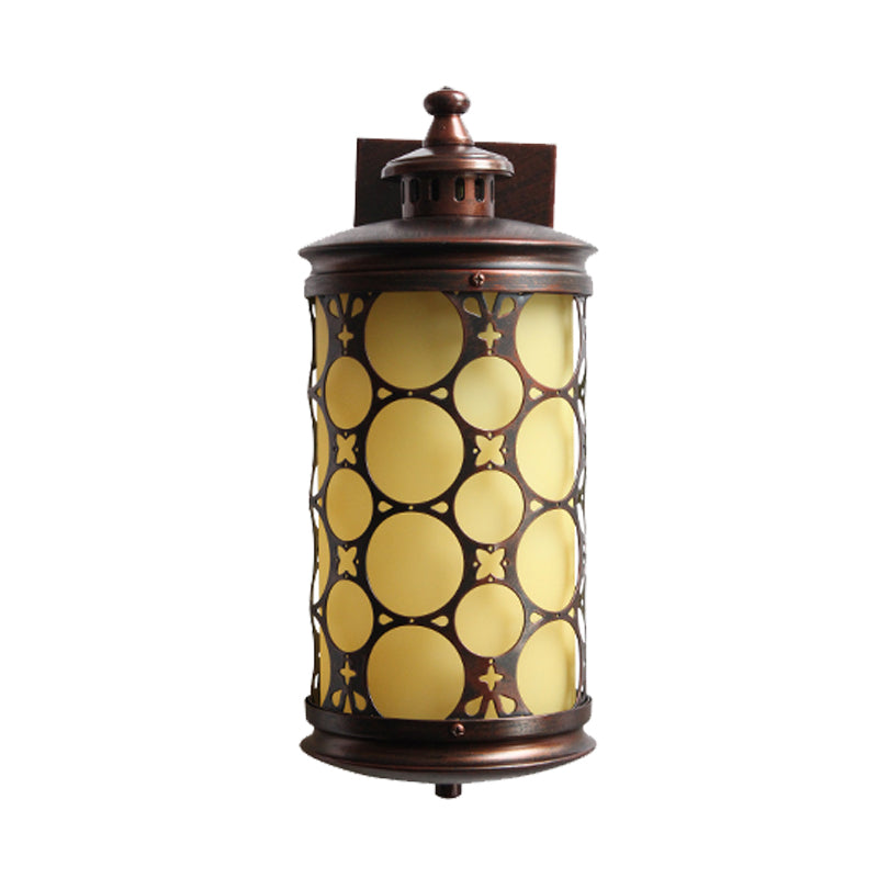 Rural Cylinder Wall Sconce Lamp Single Light Yellow Glass Wall Light in Bronze with Circle Design Clearhalo 'Wall Lamps & Sconces' 'Wall Lights' Lighting' 819870