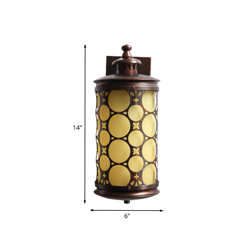 Rural Cylinder Wall Sconce Lamp Single Light Yellow Glass Wall Light in Bronze with Circle Design Clearhalo 'Wall Lamps & Sconces' 'Wall Lights' Lighting' 819871