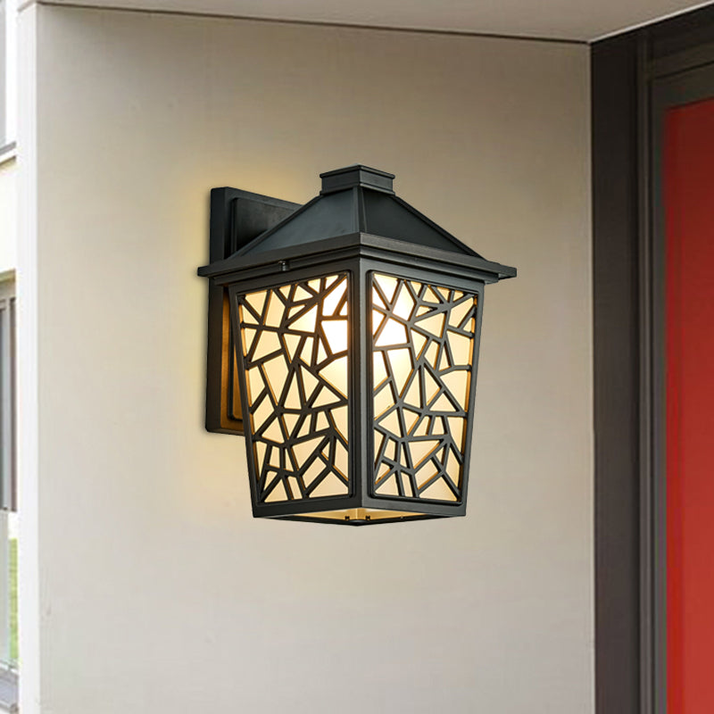 Black 1 Head Wall Sconce Lighting Lodge Frosted Glass Lantern Wall Mounted Light Fixture Black Clearhalo 'Wall Lamps & Sconces' 'Wall Lights' Lighting' 819880