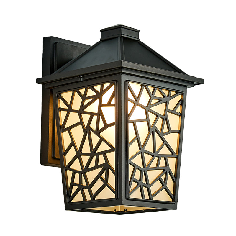 Black 1 Head Wall Sconce Lighting Lodge Frosted Glass Lantern Wall Mounted Light Fixture Clearhalo 'Wall Lamps & Sconces' 'Wall Lights' Lighting' 819881