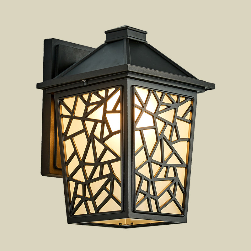 Black 1 Head Wall Sconce Lighting Lodge Frosted Glass Lantern Wall Mounted Light Fixture Clearhalo 'Wall Lamps & Sconces' 'Wall Lights' Lighting' 819882