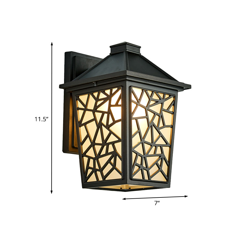 Black 1 Head Wall Sconce Lighting Lodge Frosted Glass Lantern Wall Mounted Light Fixture Clearhalo 'Wall Lamps & Sconces' 'Wall Lights' Lighting' 819883