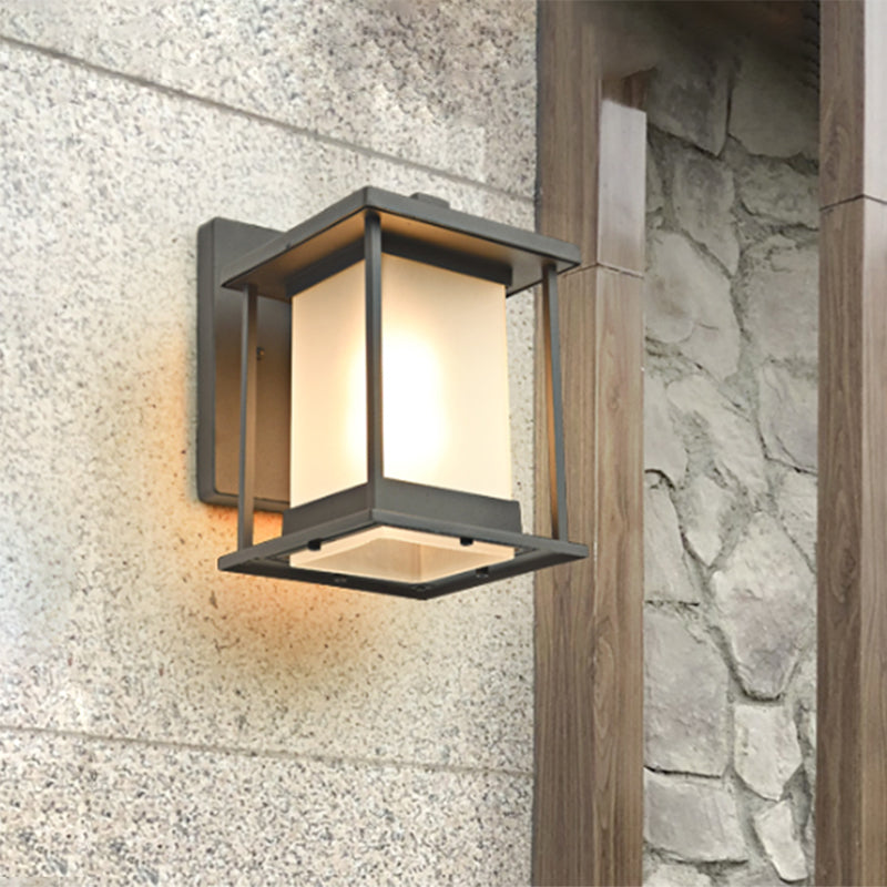 White Glass Rectangle Wall Lamp Rustic 1 Bulb Outdoor Wall Light in Coffee/Black with Metal Frame Black Clearhalo 'Wall Lamps & Sconces' 'Wall Lights' Lighting' 819888