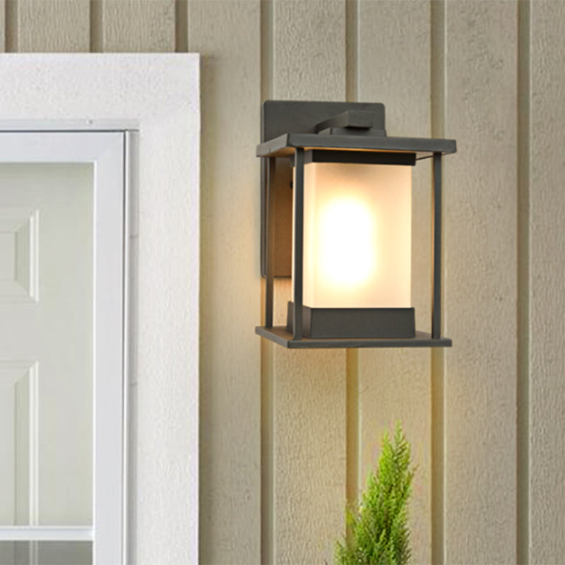 White Glass Rectangle Wall Lamp Rustic 1 Bulb Outdoor Wall Light in Coffee/Black with Metal Frame Clearhalo 'Wall Lamps & Sconces' 'Wall Lights' Lighting' 819889