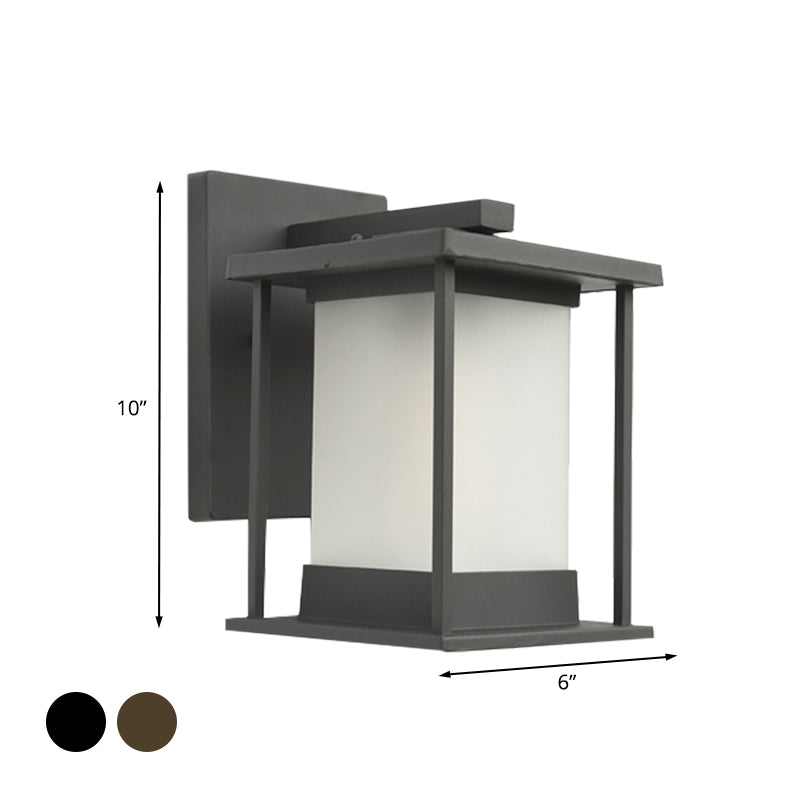 White Glass Rectangle Wall Lamp Rustic 1 Bulb Outdoor Wall Light in Coffee/Black with Metal Frame Clearhalo 'Wall Lamps & Sconces' 'Wall Lights' Lighting' 819891