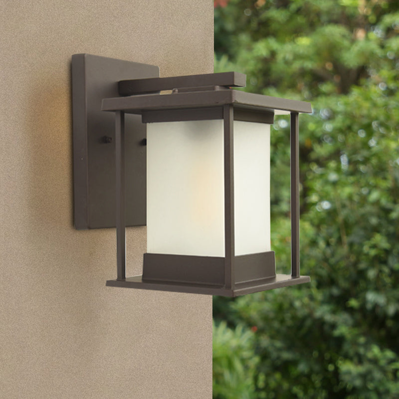 White Glass Rectangle Wall Lamp Rustic 1 Bulb Outdoor Wall Light in Coffee/Black with Metal Frame Coffee Clearhalo 'Wall Lamps & Sconces' 'Wall Lights' Lighting' 819892