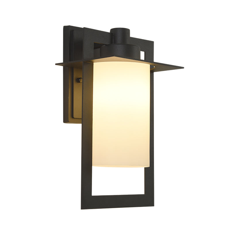 Countryside Cylinder Wall Light Single Bulb White Glass Wall Sconce in Black with Rectangle Frame Clearhalo 'Wall Lamps & Sconces' 'Wall Lights' Lighting' 819898