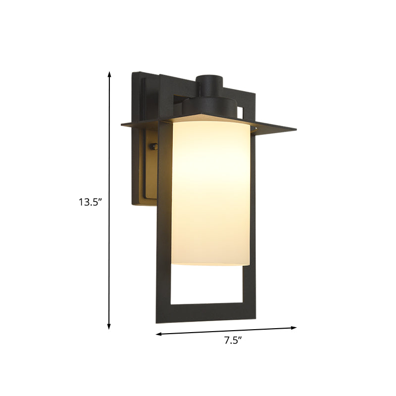 Countryside Cylinder Wall Light Single Bulb White Glass Wall Sconce in Black with Rectangle Frame Clearhalo 'Wall Lamps & Sconces' 'Wall Lights' Lighting' 819899