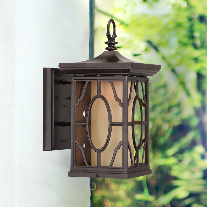 Metal Dark Coffee Sconce Light Lantern 1 Head Rural Wall Lamp with Inner Frosted Glass Shade Dark Coffee Clearhalo 'Wall Lamps & Sconces' 'Wall Lights' Lighting' 819904