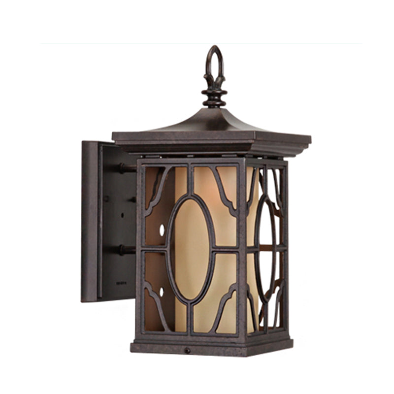 Metal Dark Coffee Sconce Light Lantern 1 Head Rural Wall Lamp with Inner Frosted Glass Shade Clearhalo 'Wall Lamps & Sconces' 'Wall Lights' Lighting' 819905