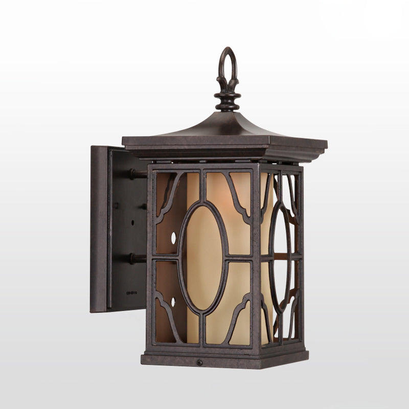 Metal Dark Coffee Sconce Light Lantern 1 Head Rural Wall Lamp with Inner Frosted Glass Shade Clearhalo 'Wall Lamps & Sconces' 'Wall Lights' Lighting' 819906